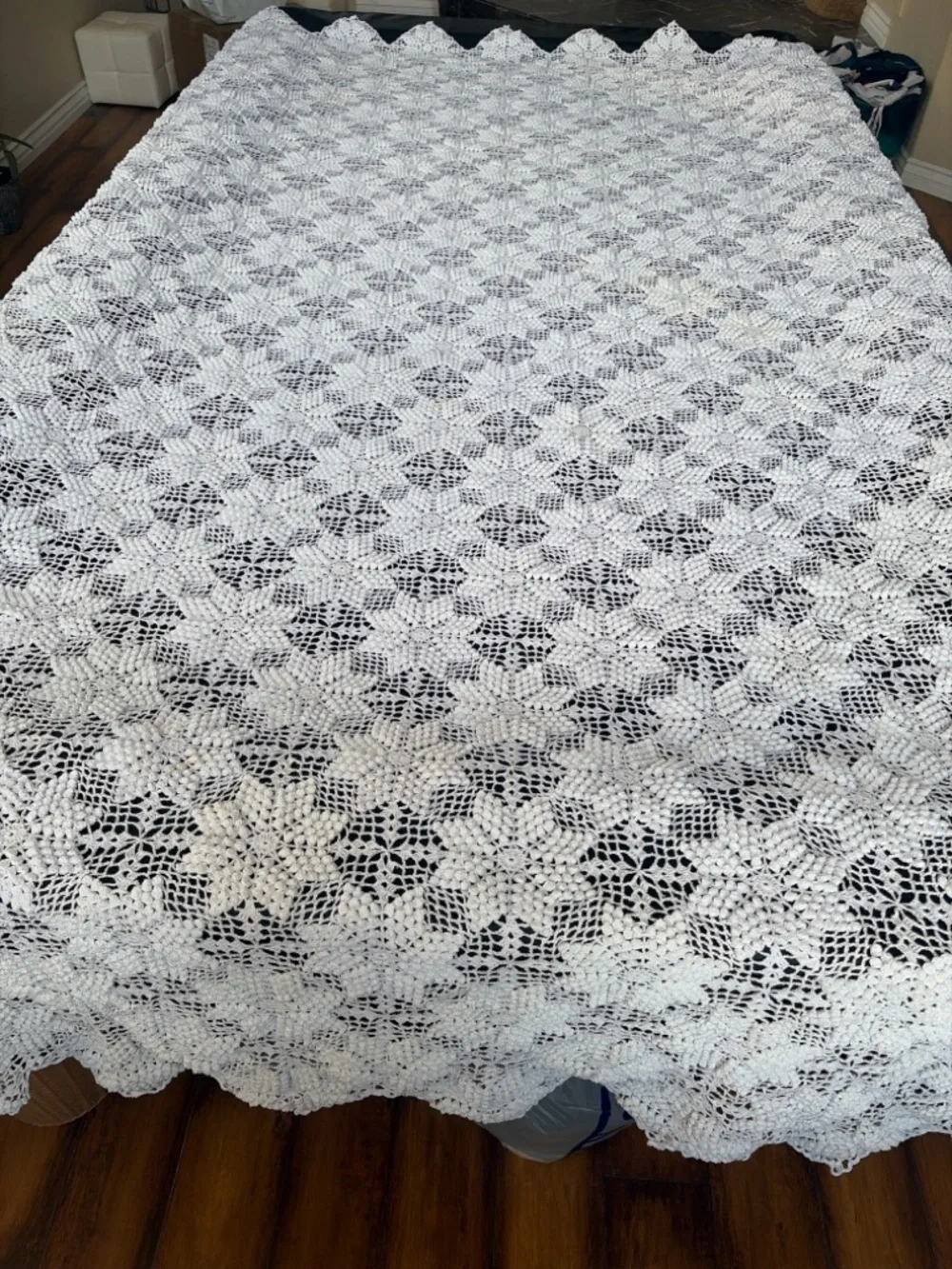 White Popcorn Crochet Bedspread Queen King 110x105 Cottagecore Farmhouse